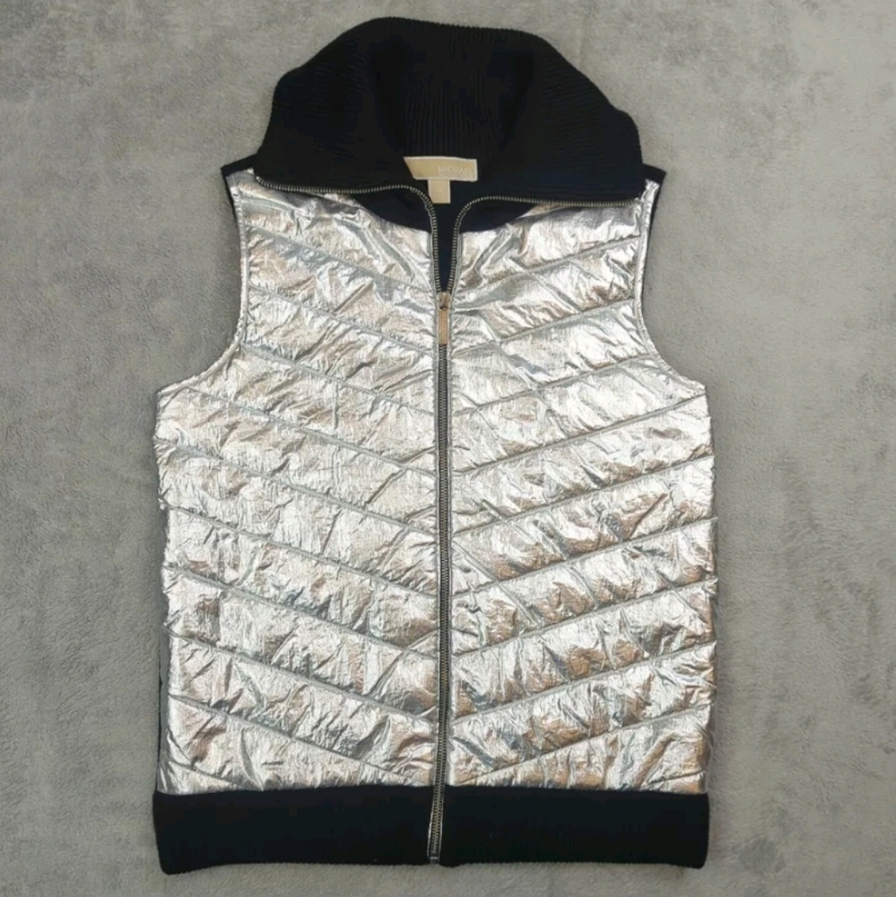 Michael Michael Kors Nylon Puffer Vest Womens Medium Metallic Silver Ful…